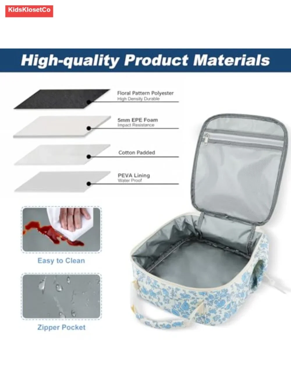 Cotton Quilted Insulated Lunch Box Tote with Floral Pattern